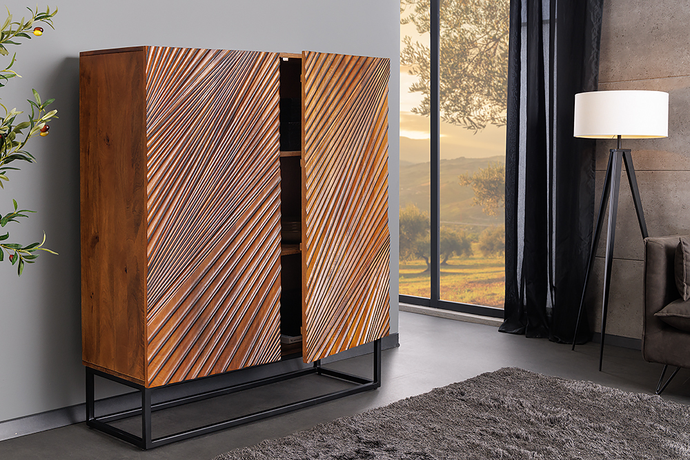 Massives Highboard ART 120cm braun Mangoholz 3D-Design schwarz Metall Massives Highboard ART 120cm braun Mangoholz 3D-Design schwarz Metall