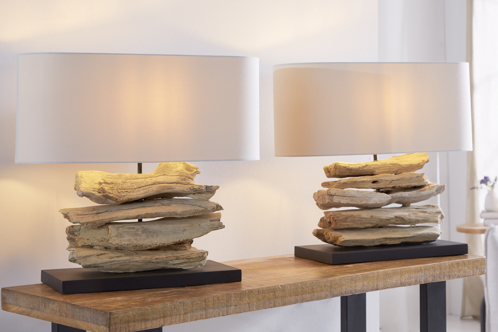 Handgearbeitete Treibholz Lampe RIVERINE 55cm creme Leinenschirm Tischleuchte