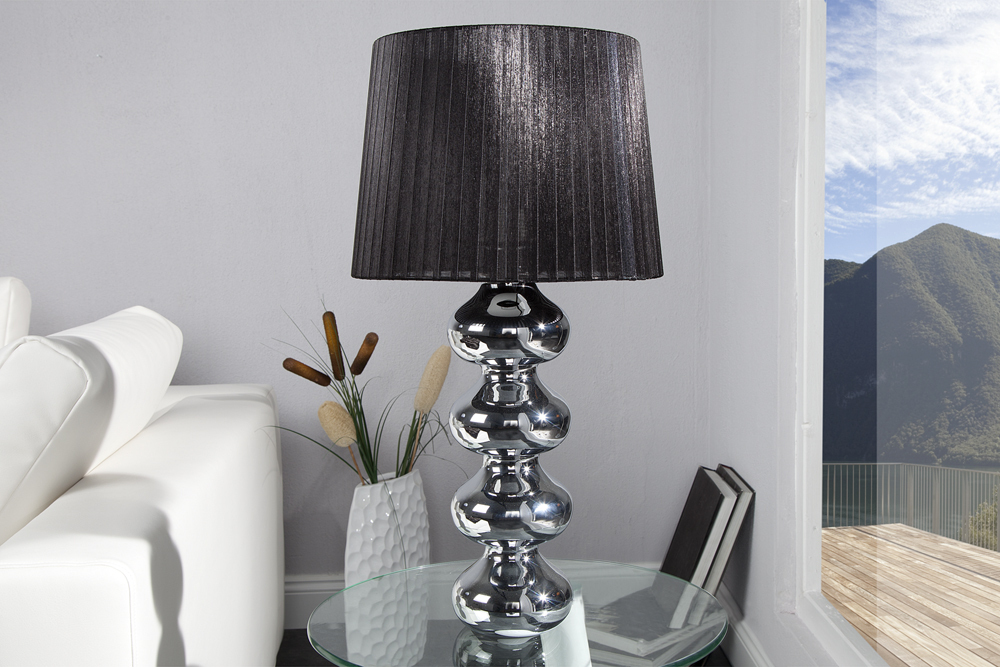 Elegante Design Tischlampe MIA 60cm silber Tischleuchte Stoffschirm Elegante Design Tischlampe MIA 60cm silber Tischleuchte Stoffschirm