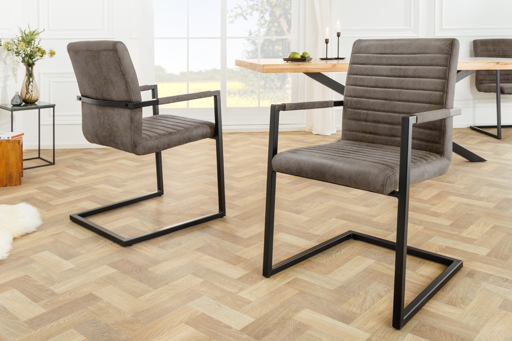 Moderner Freischwinger Stuhl LOFT taupe grau Microfaser mit Armlehne Eisengestell schwarz