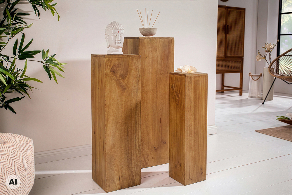Design Deko Säule 3er Set MAKASSAR 80cm braun honey finish Mangoholz Handarbeit