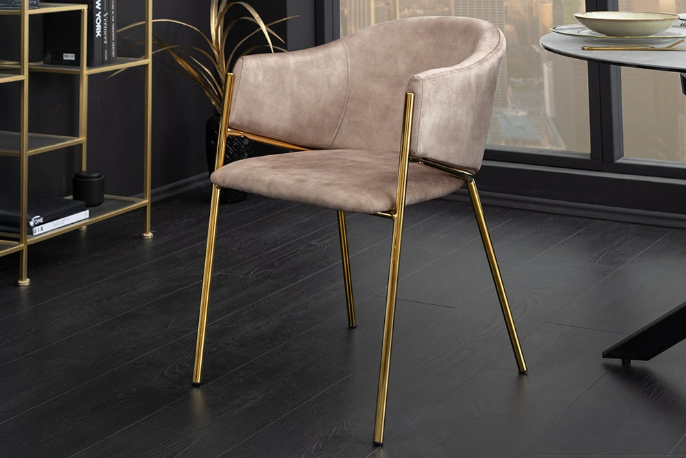 Design Stuhl NOBLESSE champagner beige Samt golden verchromtes Metallgestell