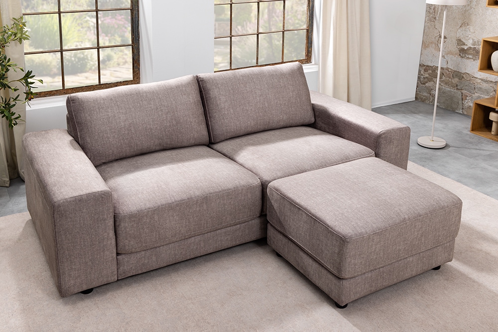 Moderner Hocker LOFT 75cm taupe Vogue Velours Samt Nosagfederung Taschenfederkern
