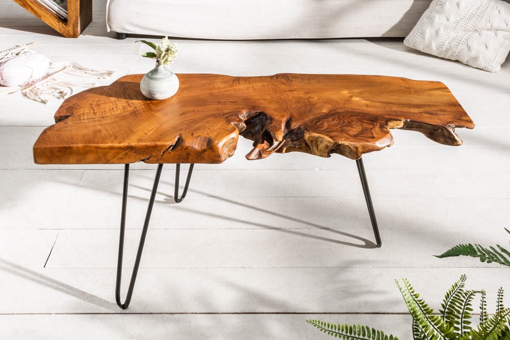 Massiver Couchtisch WILD 100cm Teak Massivholz Baumscheibe Hairpin Legs