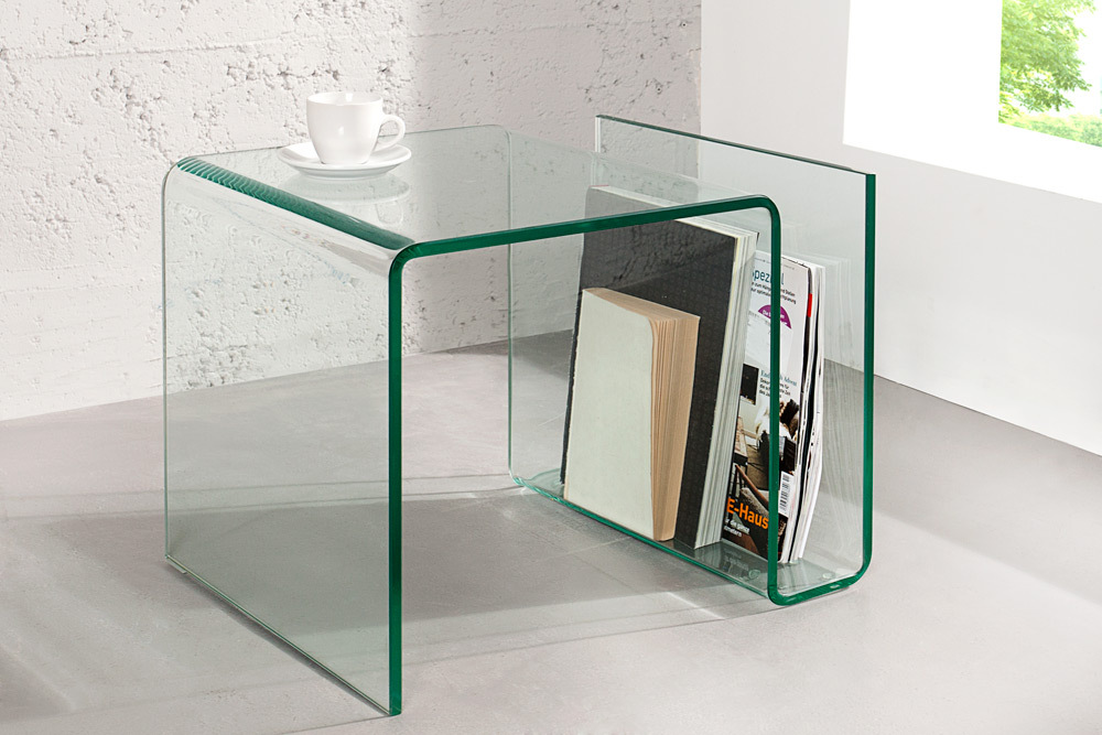 Extravaganter Glas Couchtisch FANTOME 50cm Beistelltisch mit Ablage für Magazine transparent