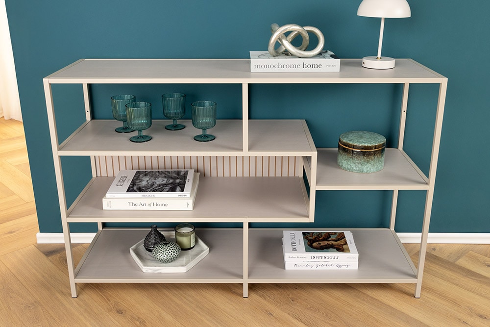 Modernes Bücherregal SLIM LINE 115cm champagner beige Metallgestell fünf Regalböden
