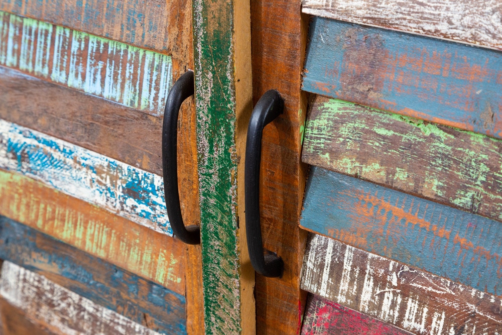 Einzigartiges Sideboard JAKARTA 160cm weiß bunt recyceltes Massivholz aus Fischerbooten