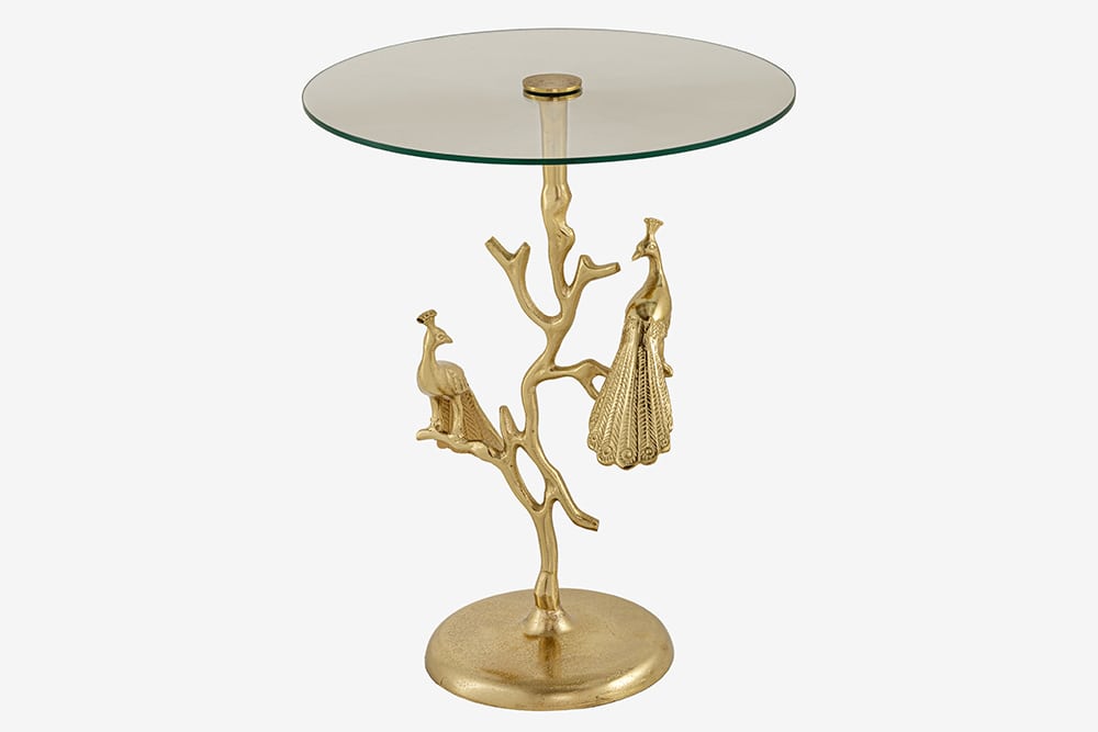 Runder Beistelltisch WILDLIFE PEACOCK 60cm gold Glasplatte Metall Pfauen-Skulptur
