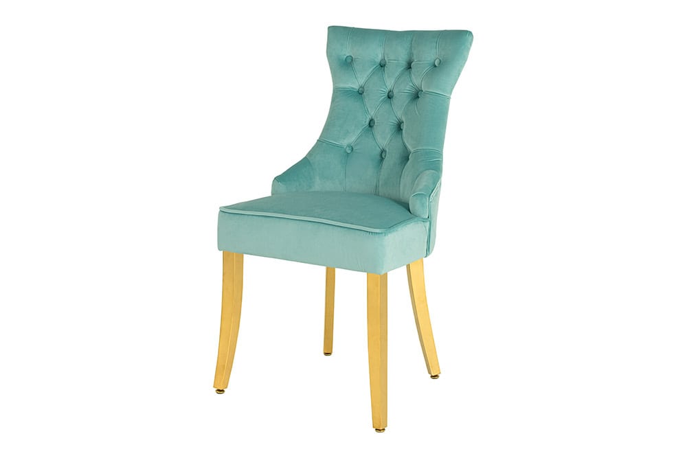 Chesterfield Stuhl CASTLE blau Samt goldene Edelstahlbeine mit Komfortgriff