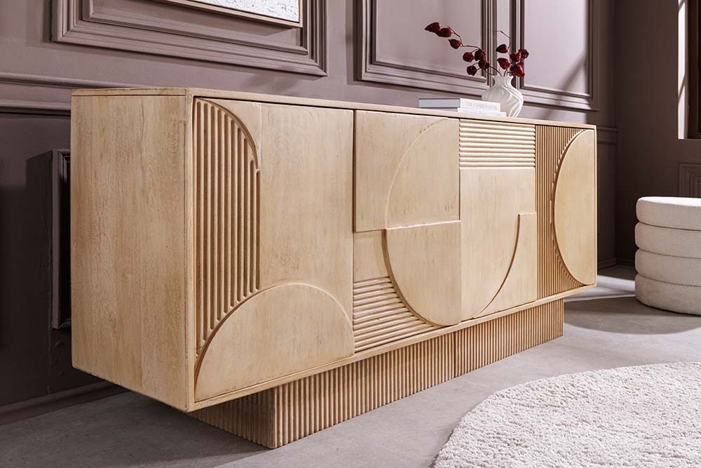 Massives Sideboard ART DECO 170cm weiß gekälkt Mangoholz 3D-Front handmade