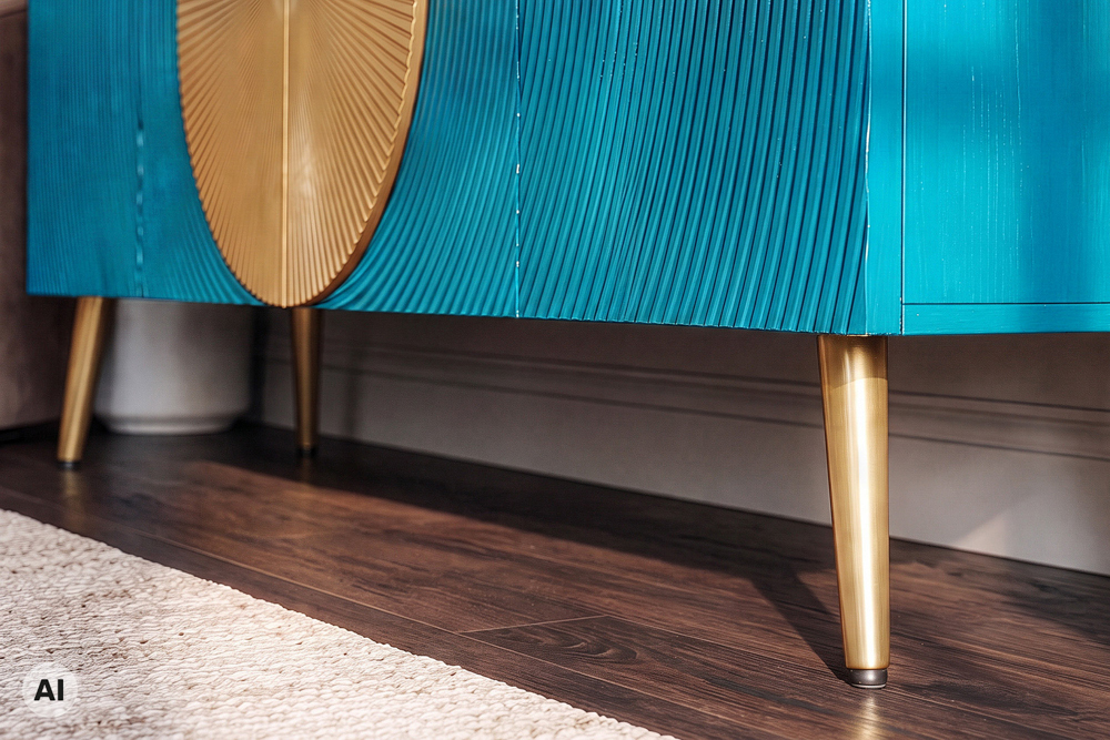 Massives Sideboard AURUM 180cm türkis Mangoholz mit ikonischem Gold-Element