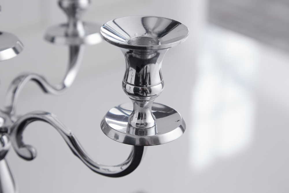 Kerzenständer MODERN BAROCK 40cm silber 5-armig Lüster Aluminium poliert Kerzenhalter