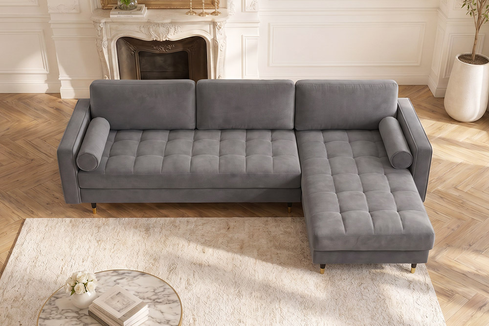Elegantes Ecksofa COZY VELVET 260cm grau Samt Federkern 3-Sitzer