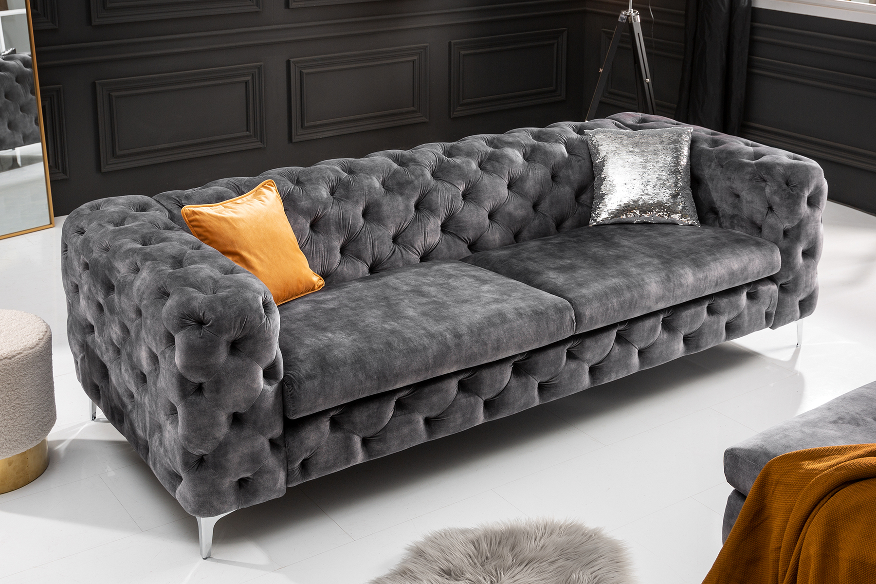 Chesterfield 3-Sitzer Sofa MODERN BAROCK 235cm dunkelgrau Samt Federkern Metallfüße