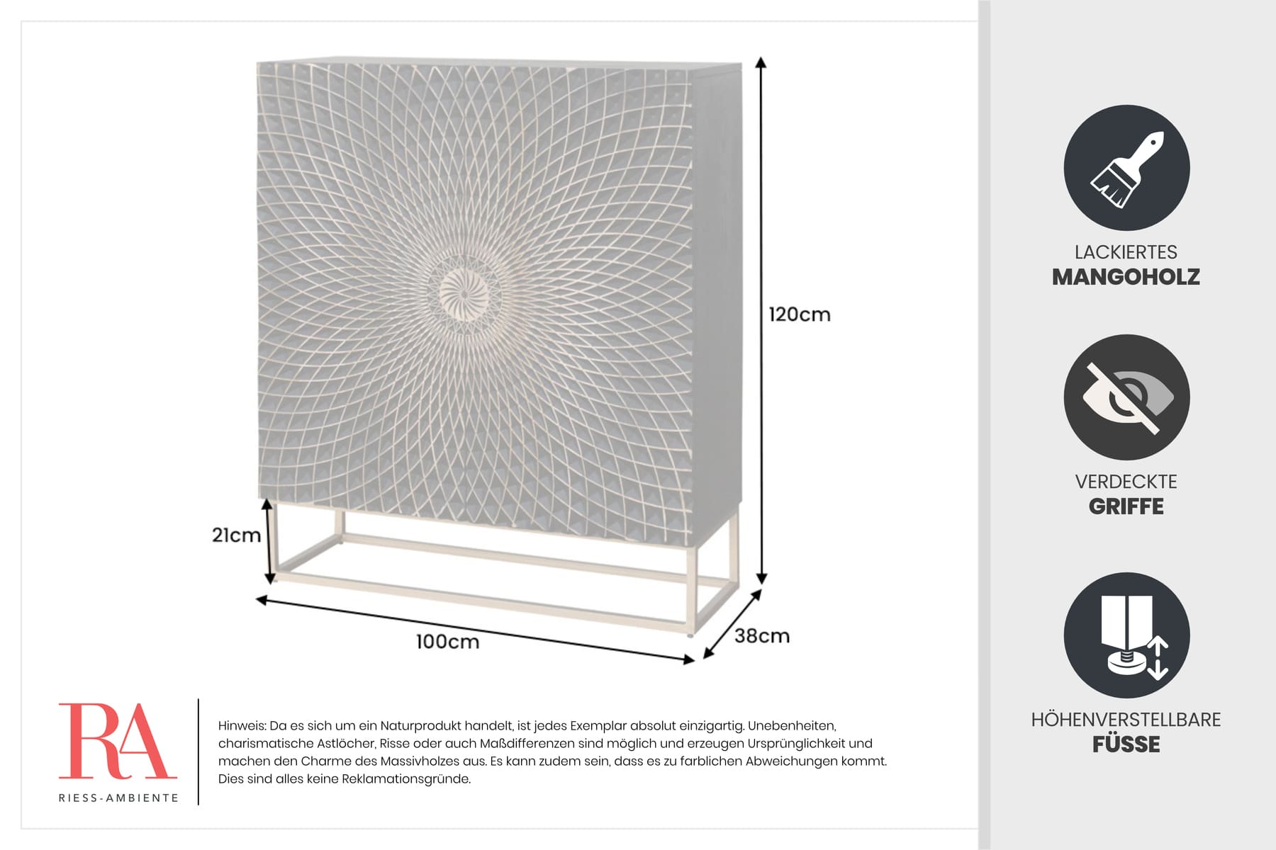 Design Highboard ILLUSION 120cm schwarz Mangoholz Massivholz mit 3D Schnitzereien gold Eisen Metallgestell