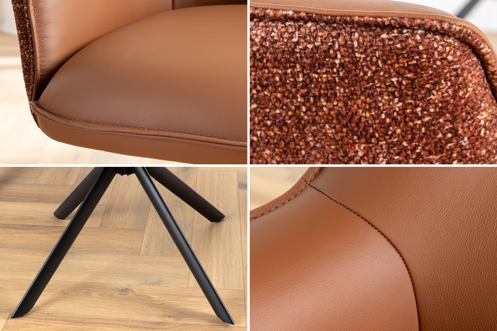 Drehbarer Stuhl LE GRAND cognac Echtleder Strukturstoff schwarzes Metallgestell
