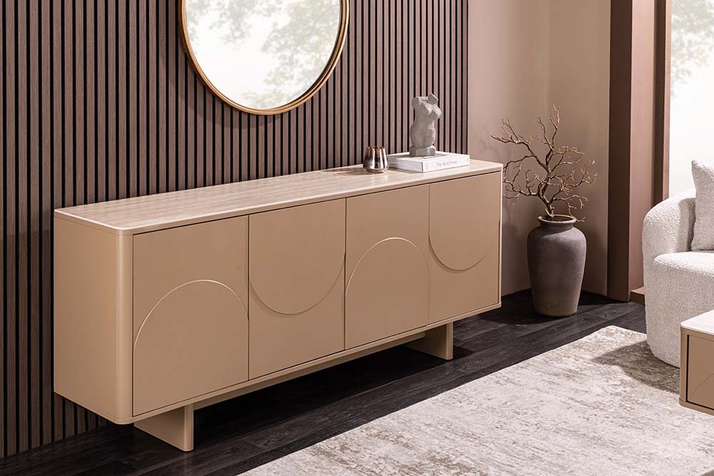 Design Sideboard SAVOY 180cm grau beige greige Travertin Keramik Stauraum 3D-Front