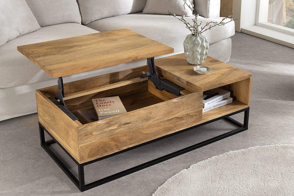 Höhenverstellbarer Couchtisch MAKASSAR FUNCTION 110cm natur cream finish Mangoholz massiv