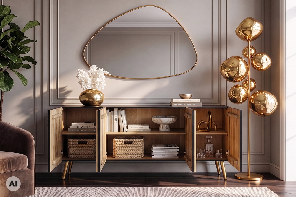Massives Sideboard AURUM 180cm schwarz Mangoholz mit ikonischem Gold-Element