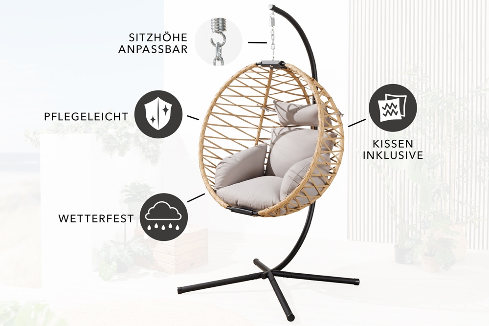 In- und Outdoor Hängesessel IBIZA natur beige Rattan mit Gestell wetterfest inkl. Kissen