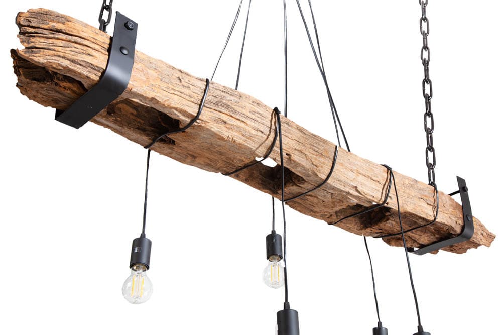 Industrial Hängelampe BARRACUDA 152cm recyceltes Massivholz mit 5 Leuchten