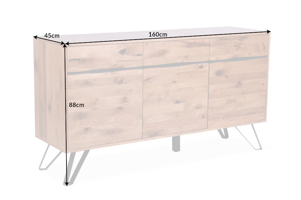 Massivholz Sideboard LIVING EDGE 160cm Wildeiche Metall schwarz Baumkante mit Schubladen