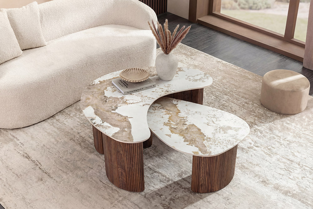 2er Set Couchtische OSAKA 120cm weiß Pandora Keramik Walnuss