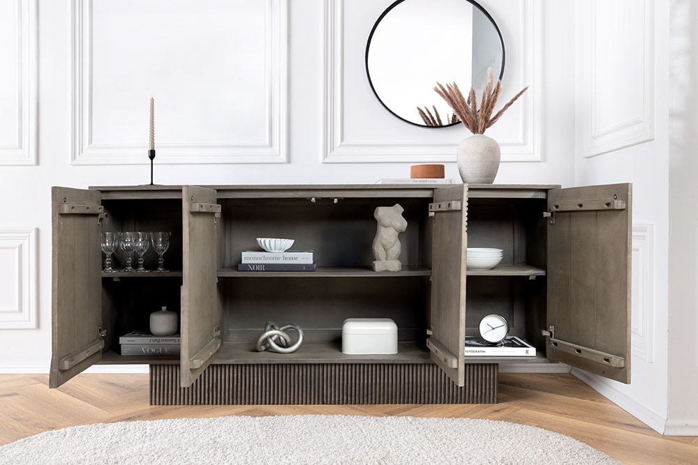 Massives Sideboard ART DECO 170cm grau Mangoholz 3D-Front