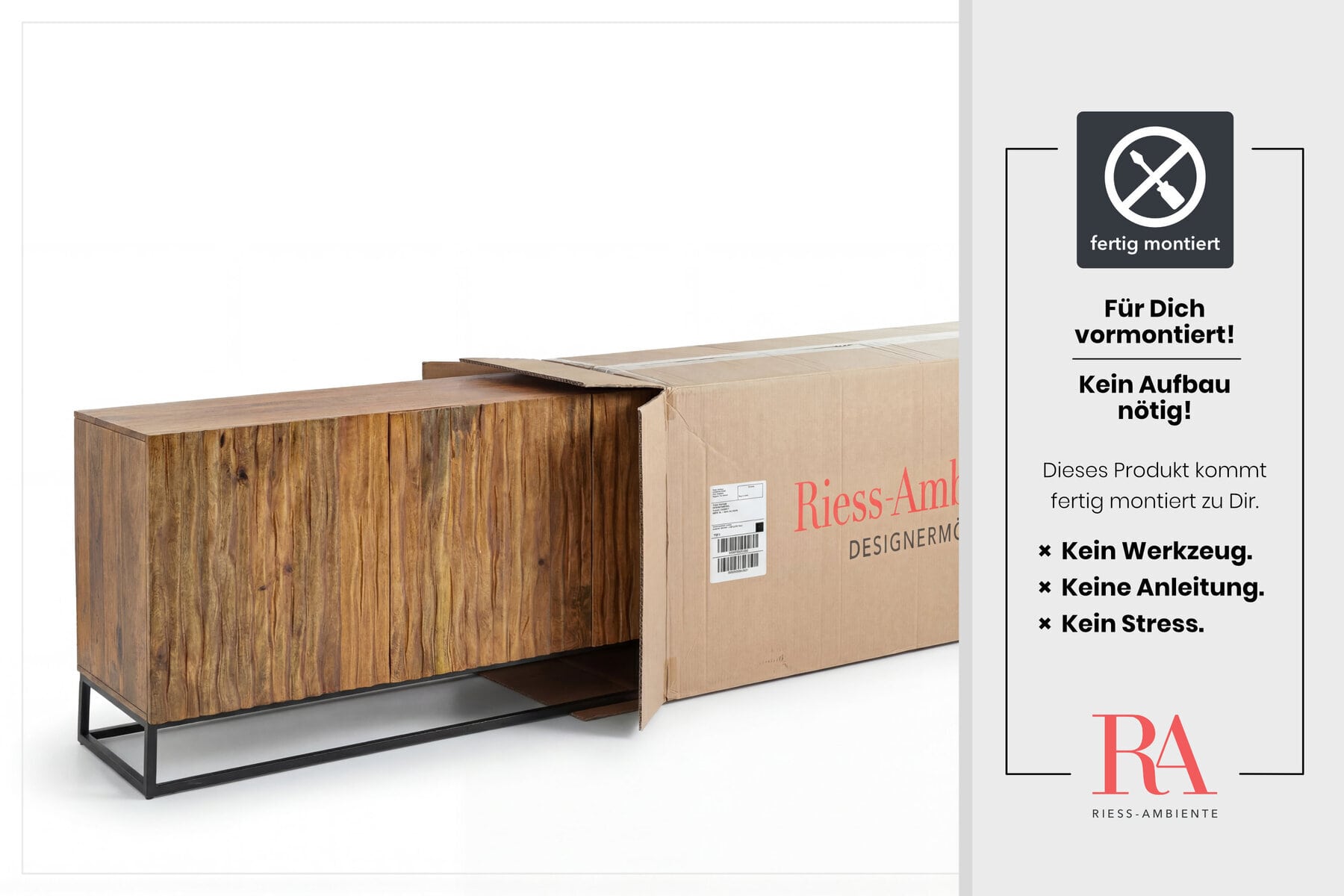 Massives Sideboard AMAZONAS 160cm Mangoholz natürliches Front Design