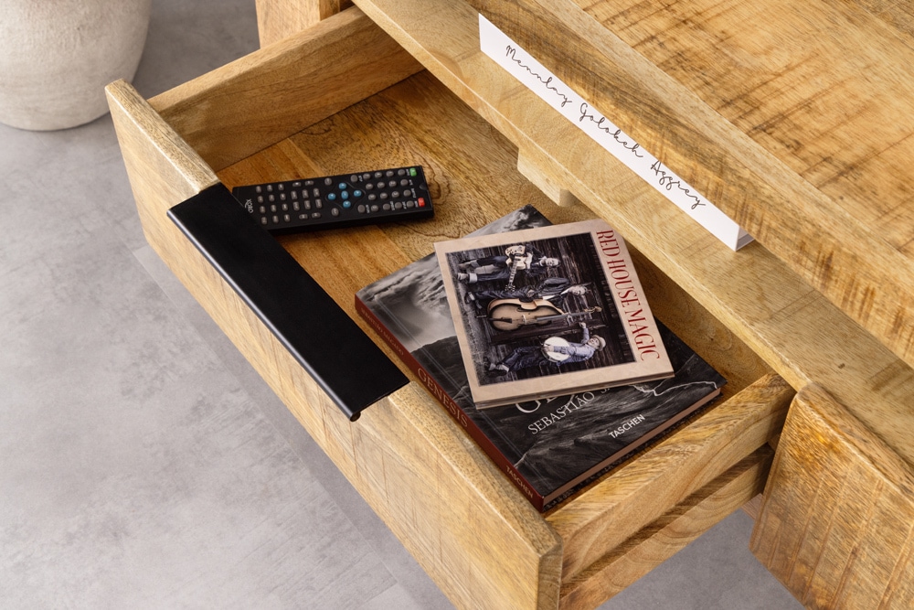 Hängendes TV-Board IRON CRAFT 160cm natur Mango Massivholz drei Schubladen Lowboard