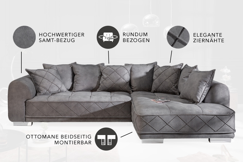 Modernes XXL Ecksofa DECADENCIA 320cm silbergrau Samt Bigsofa inkl. Kissen