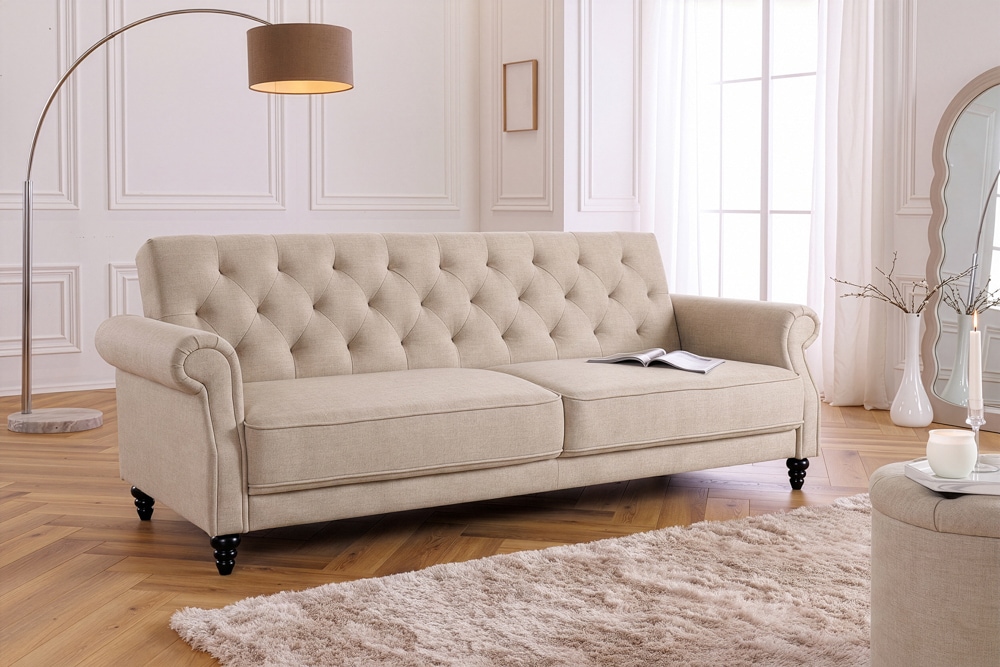 Schlafsofa MAISON BELLE AFFAIRE 220cm champagner beige Vogue Seiden Samtstoff 3-Sitzer