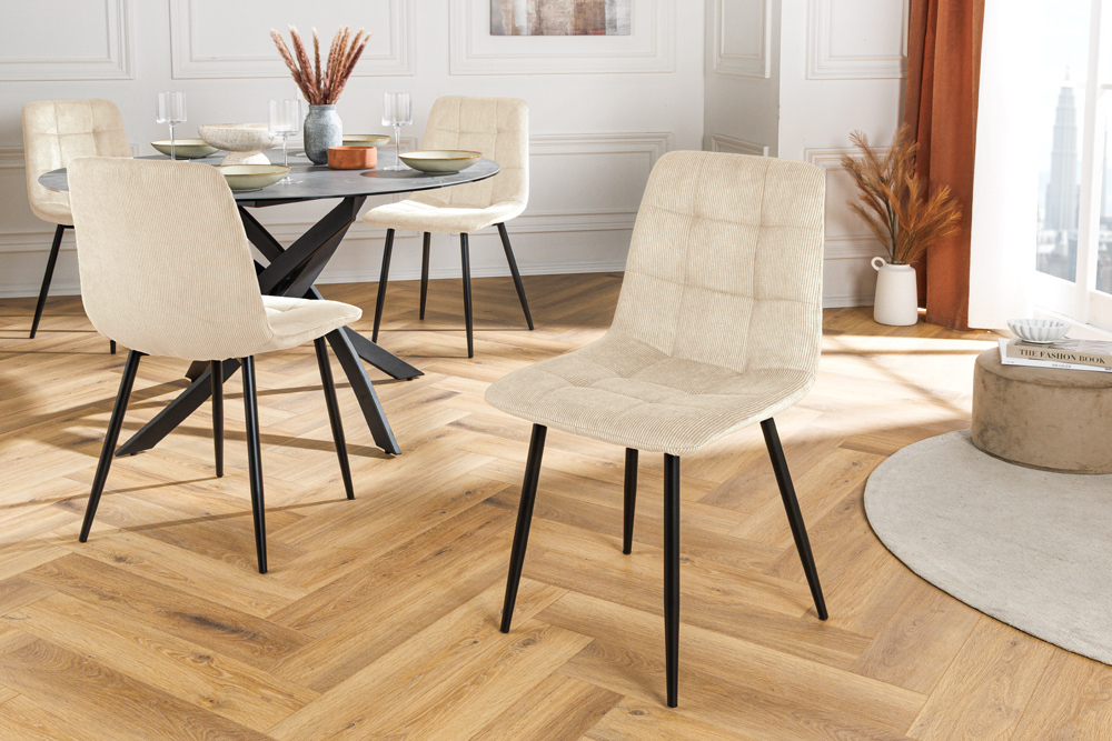 Moderner Design Stuhl TRES CHIC beige Cord schwarze Metallbeine Esszimmer