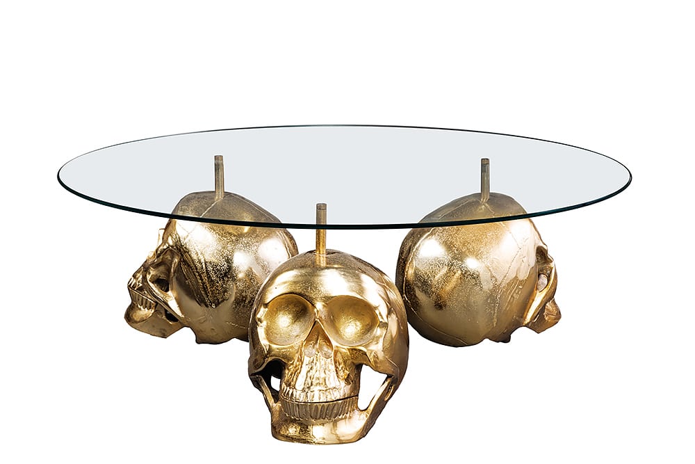 Design Couchtisch SKULL XXL 90cm gold rund Glasplatte Metall Totenkopf handmade