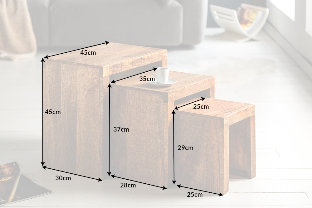 Massives 3er-Set Beistelltische MAKASSAR 45cm Mango natur Massivholz