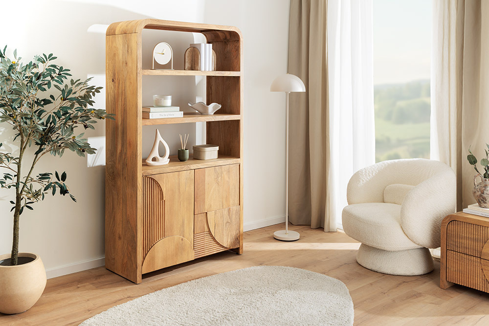 Massives Regal ART DECO 175cm cream finish beige Mangoholz abgerundet mit 3D-Front