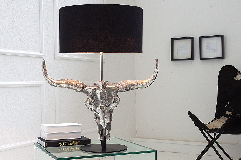 Extravagante Tischlampe EL TORO 68cm schwarz Stierkopf Tischleuchte