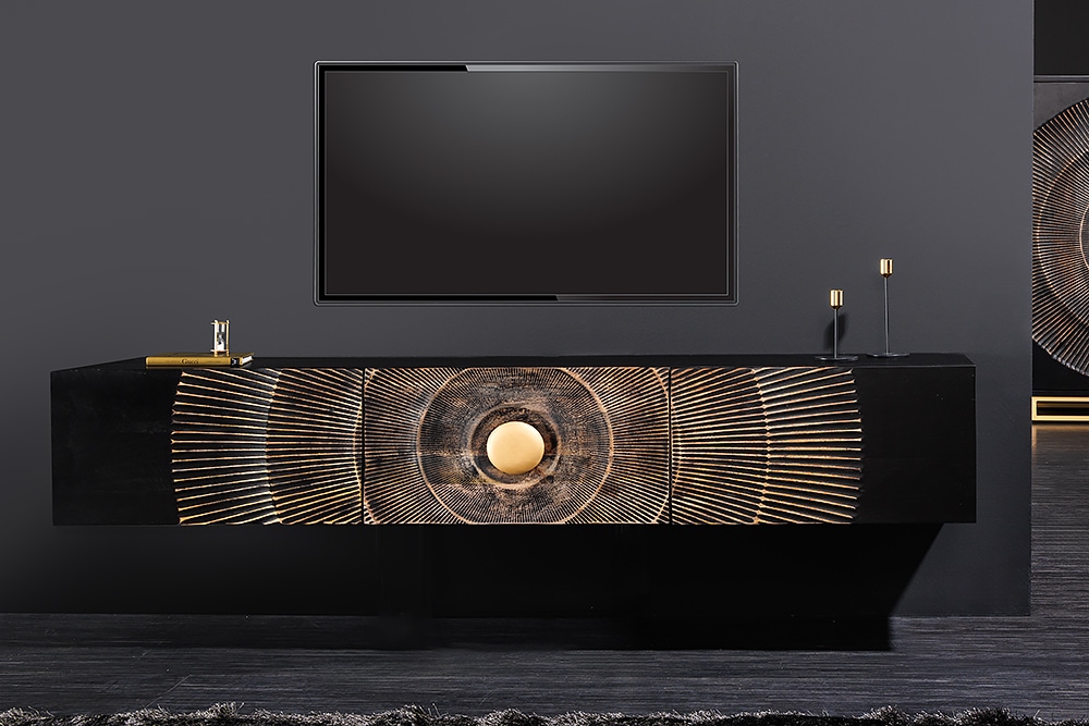Hängendes TV-Lowboard GOLDEN SUNSET 160cm Mangoholz schwarz mit 3D Schnitzereien gold handmade