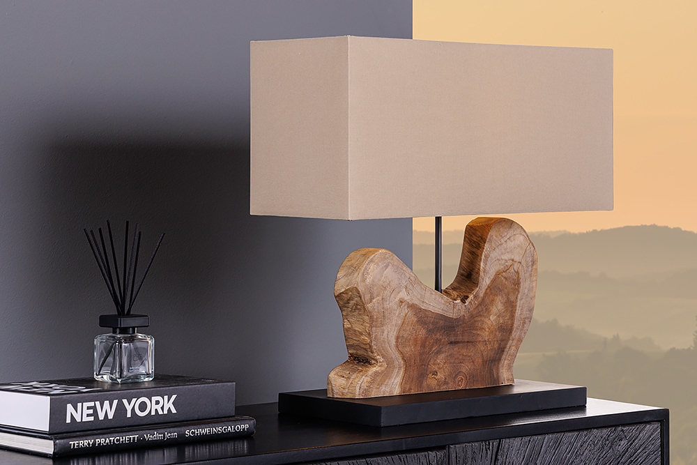 Handgefertigte Tischlampe HYPNOTIC 50cm natur Teakholz beige mit Leinenschirm