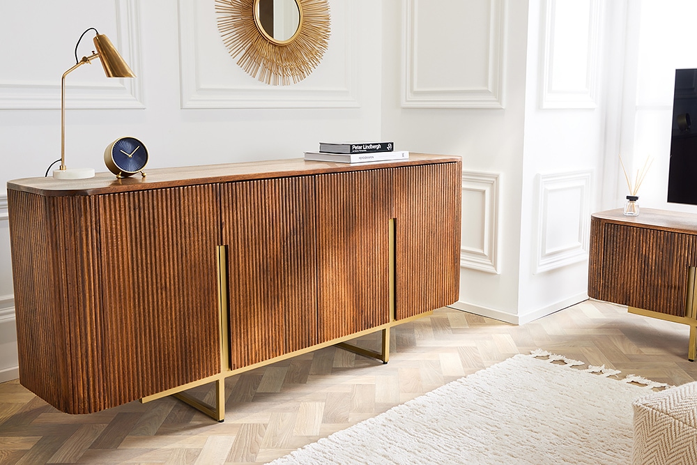 Design Sideboard GATSBY 160cm braun mattgold Mangoholz Retro