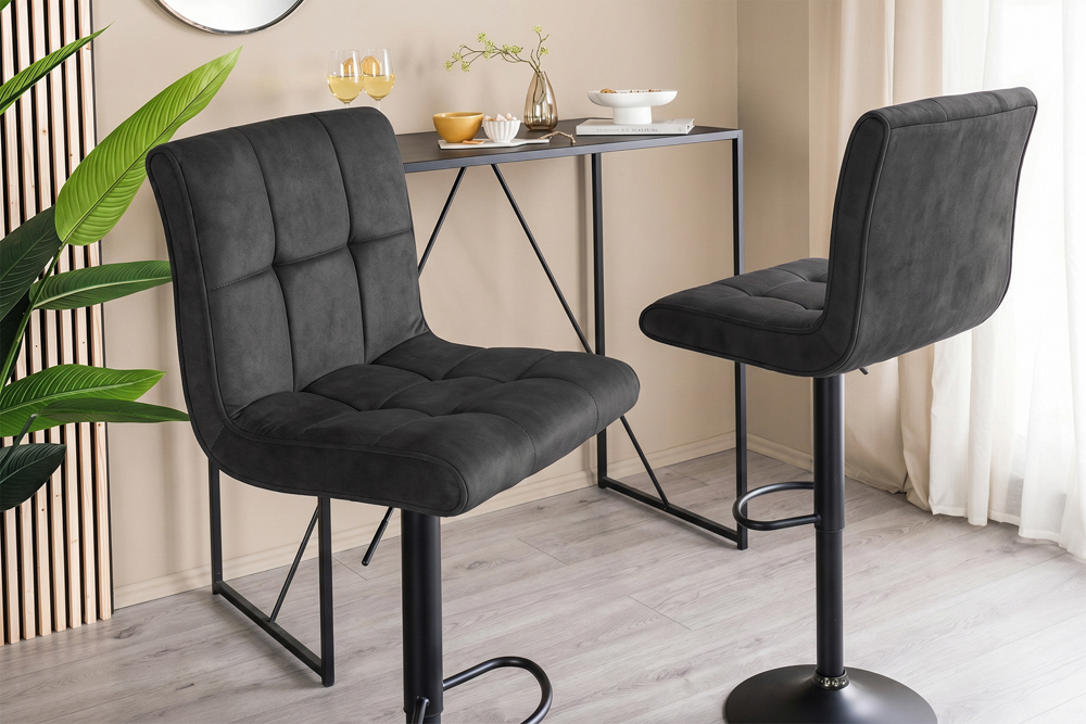 Höhenverstellbarer Barhocker MODENA vintage grau Microfaser Metall schwarz mit Lehne drehbar