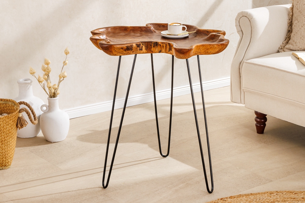 Einzigartiger Beistelltisch WILD 65cm natur Teakholz Hairpin Legs Couchtisch