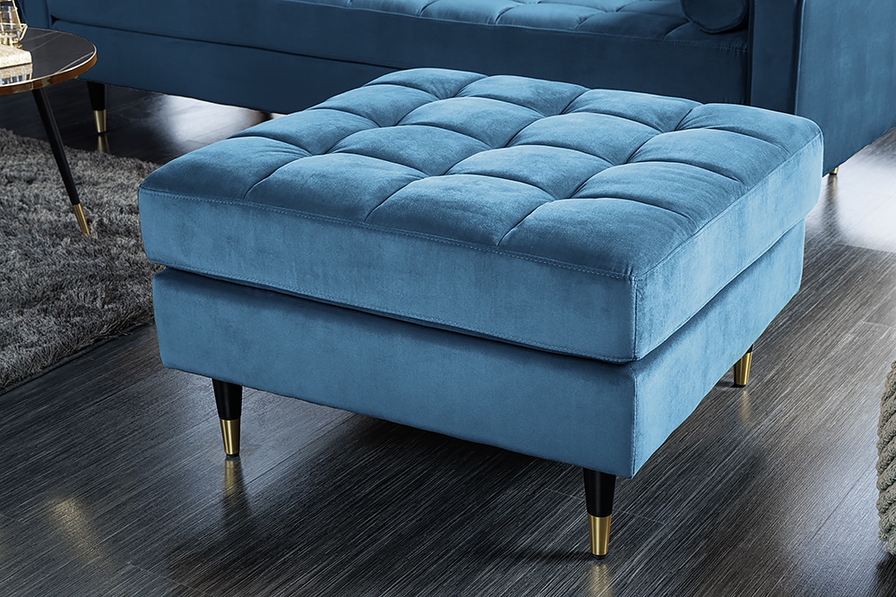 Design Hocker COZY VELVET 80cm petrol blau gold Samt Metallfüße