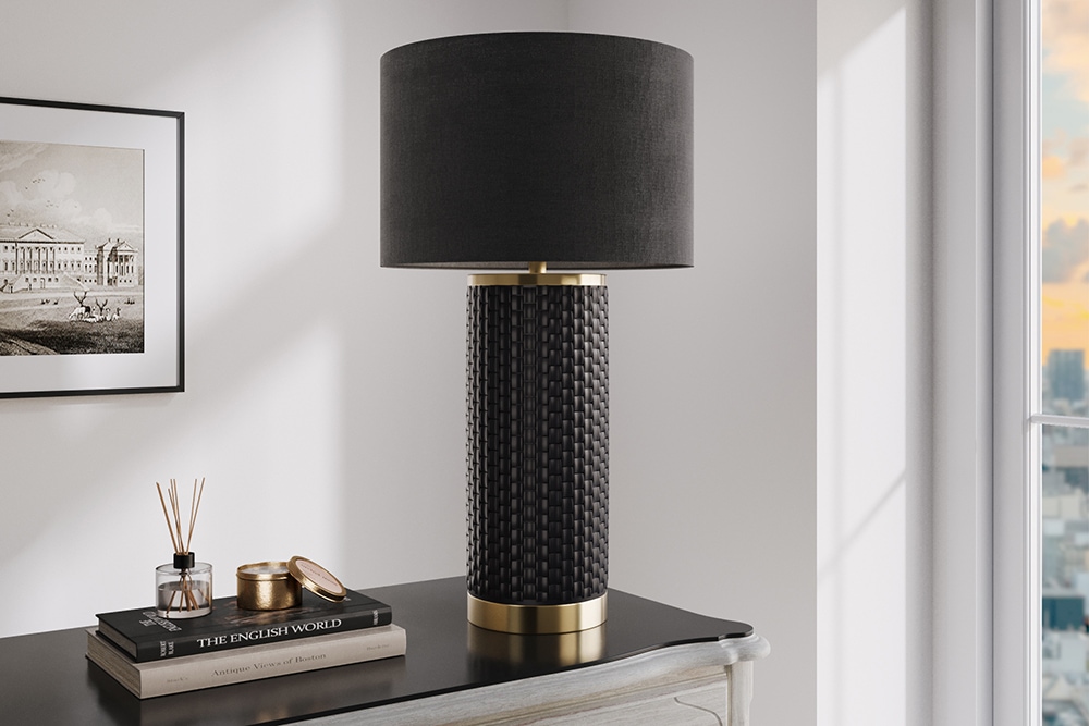 Moderne Tischlampe ELEGANCIA 70cm schwarz gold Keramik rund Stoffschirm