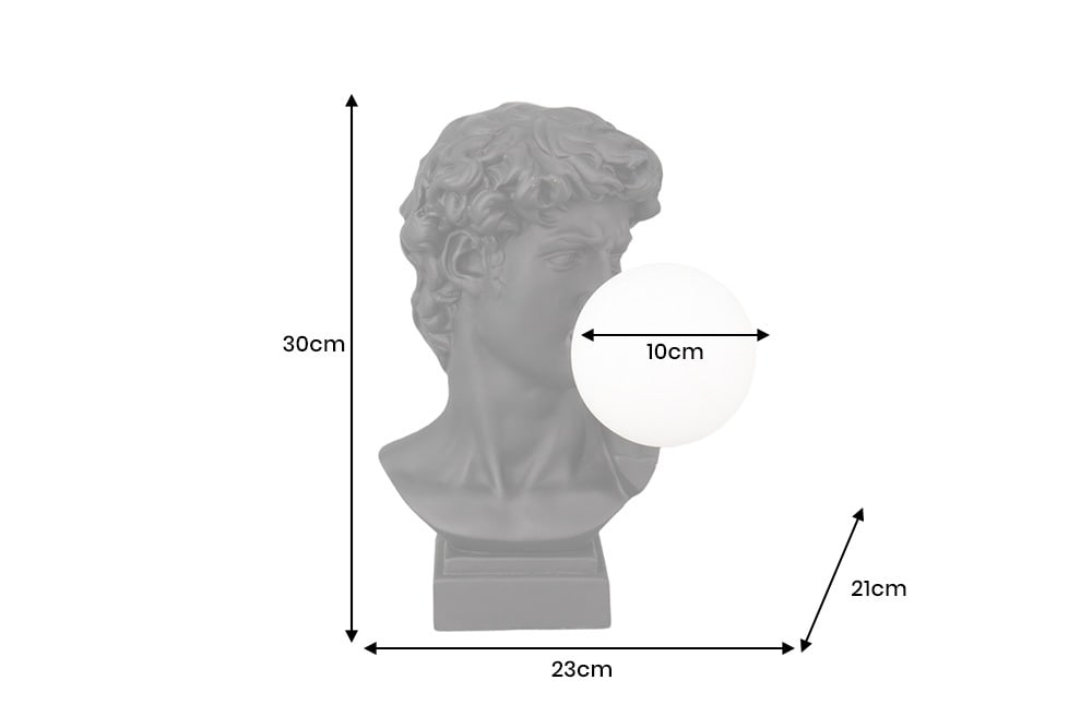 Handgefertigte Tischlampe DAVID 30cm schwarz Büste mit weißer Lampenkugel