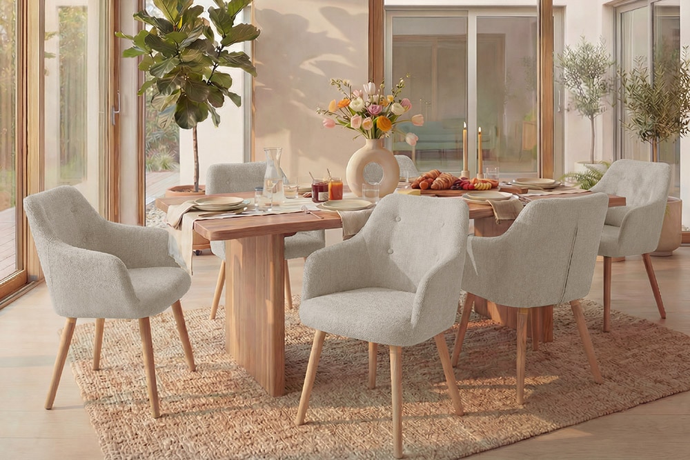 Nordischer Stuhl SCANDINAVIA MEISTERSTÜCK beige natur Strukturstoff Massivholzbeine