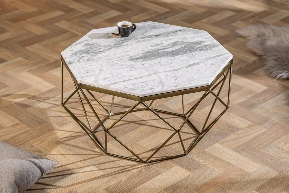 Eleganter Couchtisch DIAMOND 70cm weiß messing mit Marmorplatte