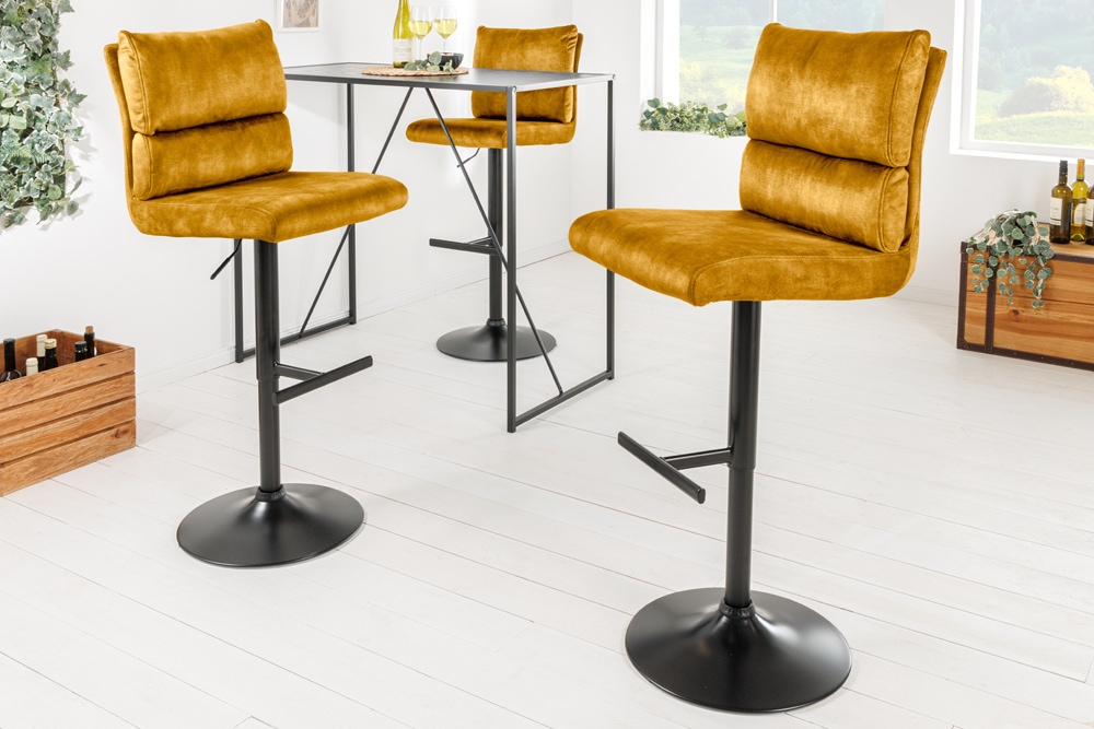 Höhenverstellbarer Barhocker COMFORT senfgelb Samt drehbar mit Lehne Metall schwarz