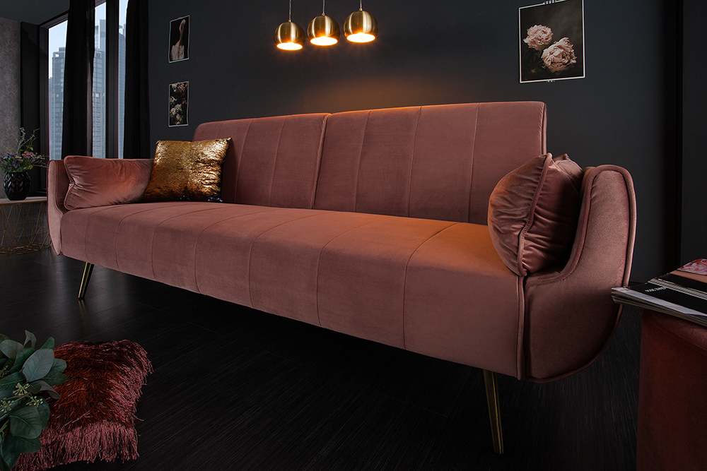 Retro Schlafsofa DIVANI 220cm altrosa Samt goldene Metallfüße 3-Sitzer mit Bettfunktion