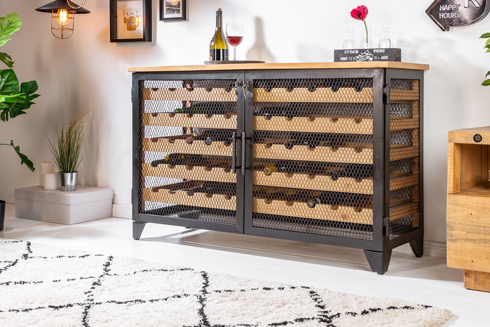 Industrial Weinschrank BODEGA 130cm recyceltes Pinienholz natur Weinregal für 55 Flaschen